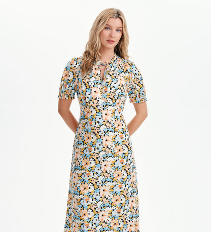 Trish Peach Floral Tie Neck Puff Sleeve Midi Dress