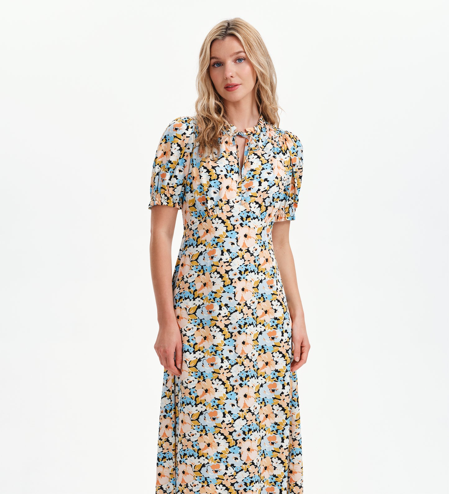 Trish Peach Floral Tie Neck Puff Sleeve Midi Dress