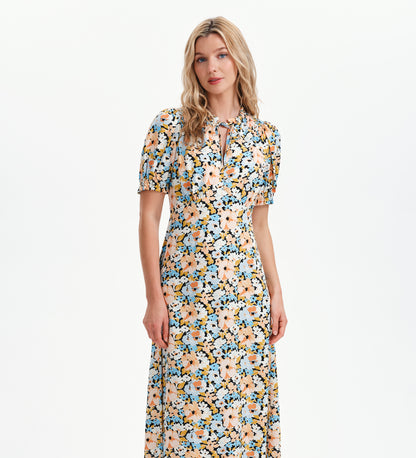 Trish Peach Floral Tie Neck Puff Sleeve Midi Dress