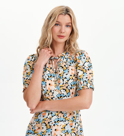 Trish Peach Floral Tie Neck Puff Sleeve Midi Dress