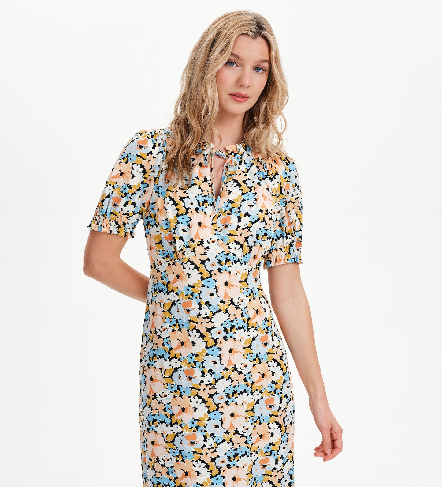 Trish Peach Floral Tie Neck Puff Sleeve Midi Dress