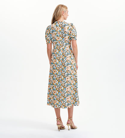 Trish Peach Floral Tie Neck Puff Sleeve Midi Dress