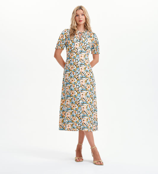 Trish Peach Floral Tie Neck Puff Sleeve Midi Dress