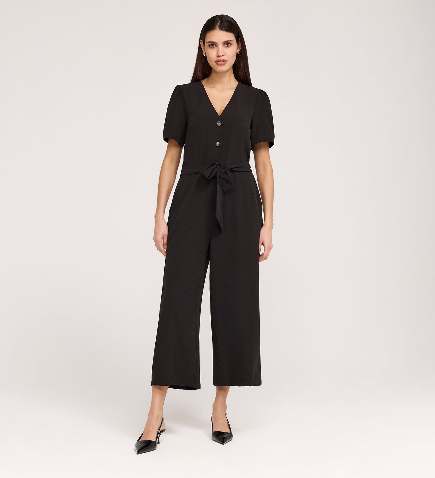 Uma Black Crepe Short Sleeve Jumpsuit