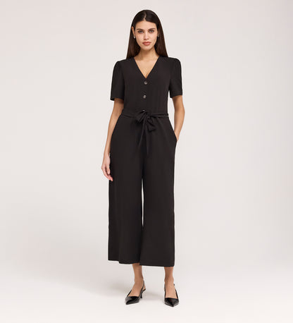 Uma Black Crepe Short Sleeve Jumpsuit