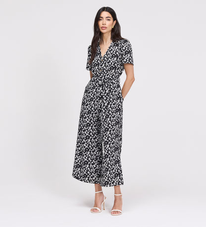 Uma Black Floral Belted Wide Leg Jumpsuit