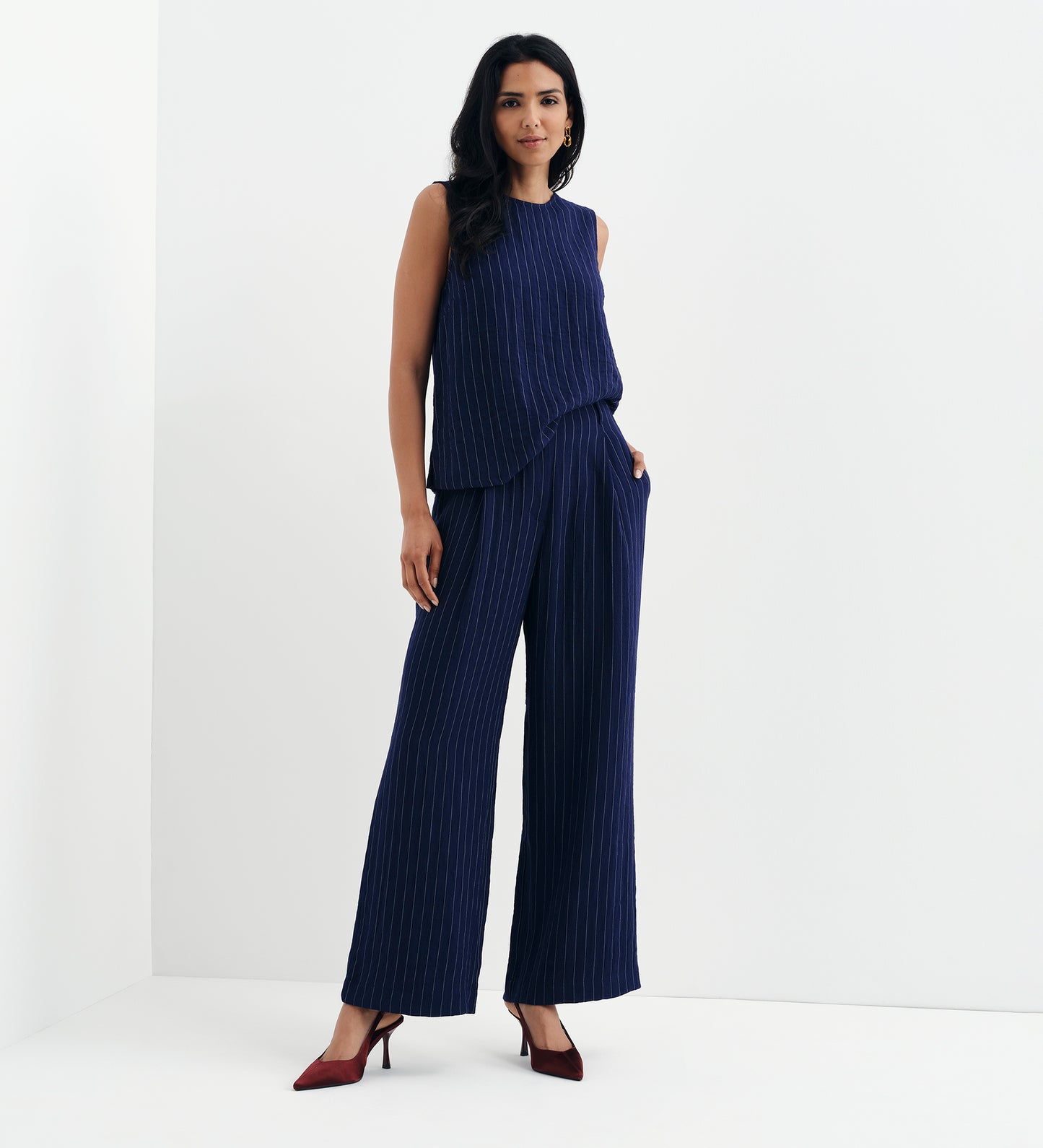 Mara Navy Stripe High Waisted Wide Leg Trousers