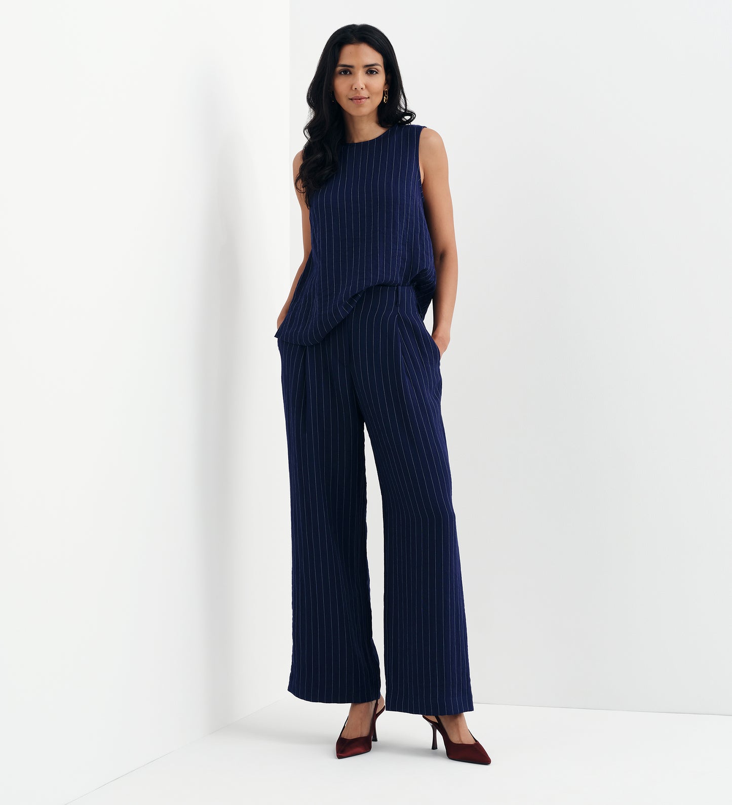 Mara Navy Stripe High Waisted Wide Leg Trousers