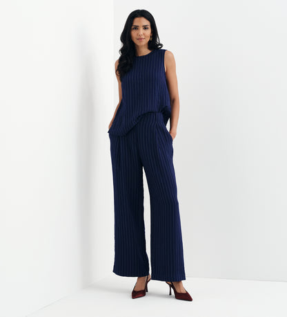Mara Navy Stripe High Waisted Wide Leg Trousers