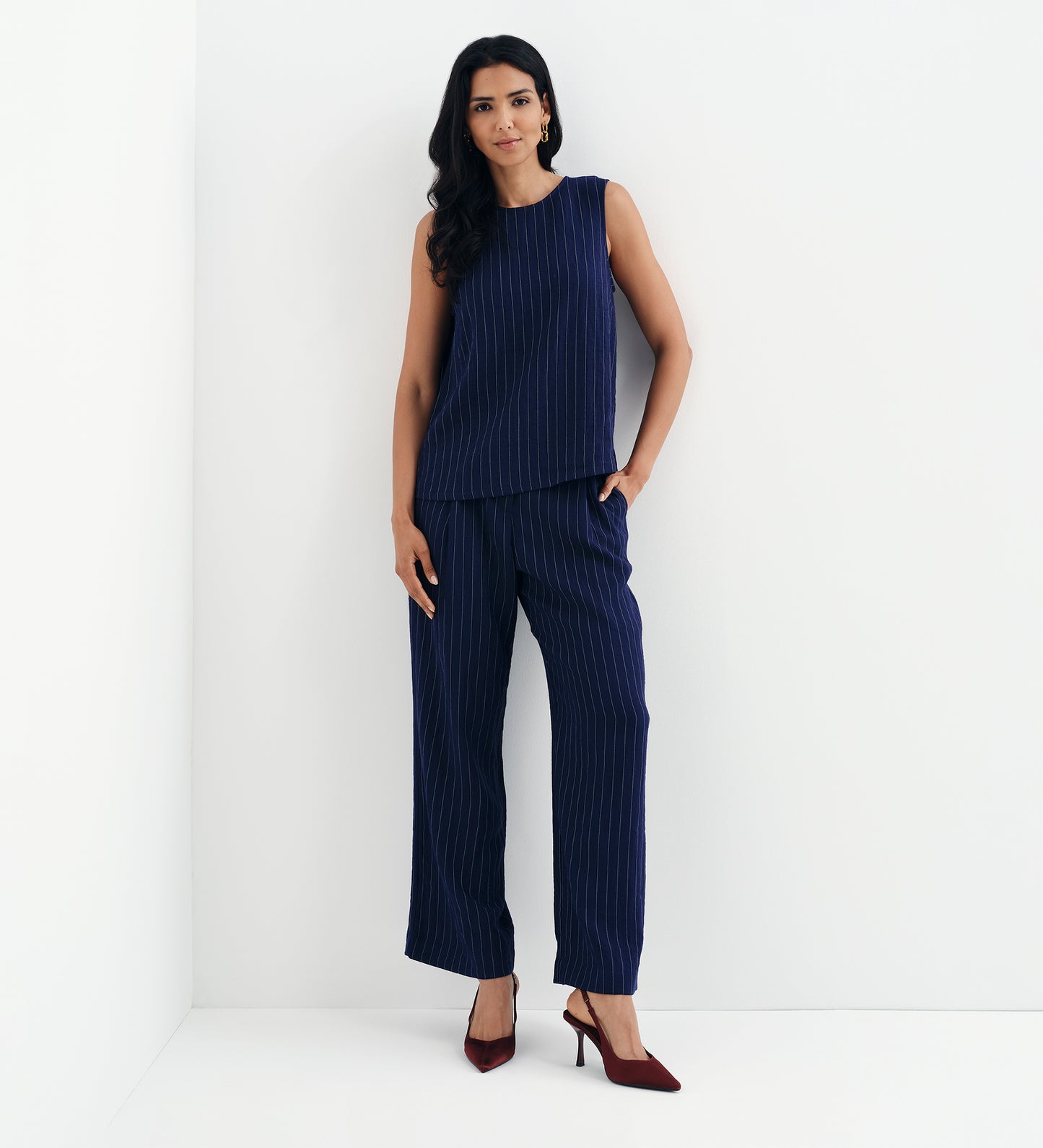 Mara Navy Stripe High Waisted Wide Leg Trousers