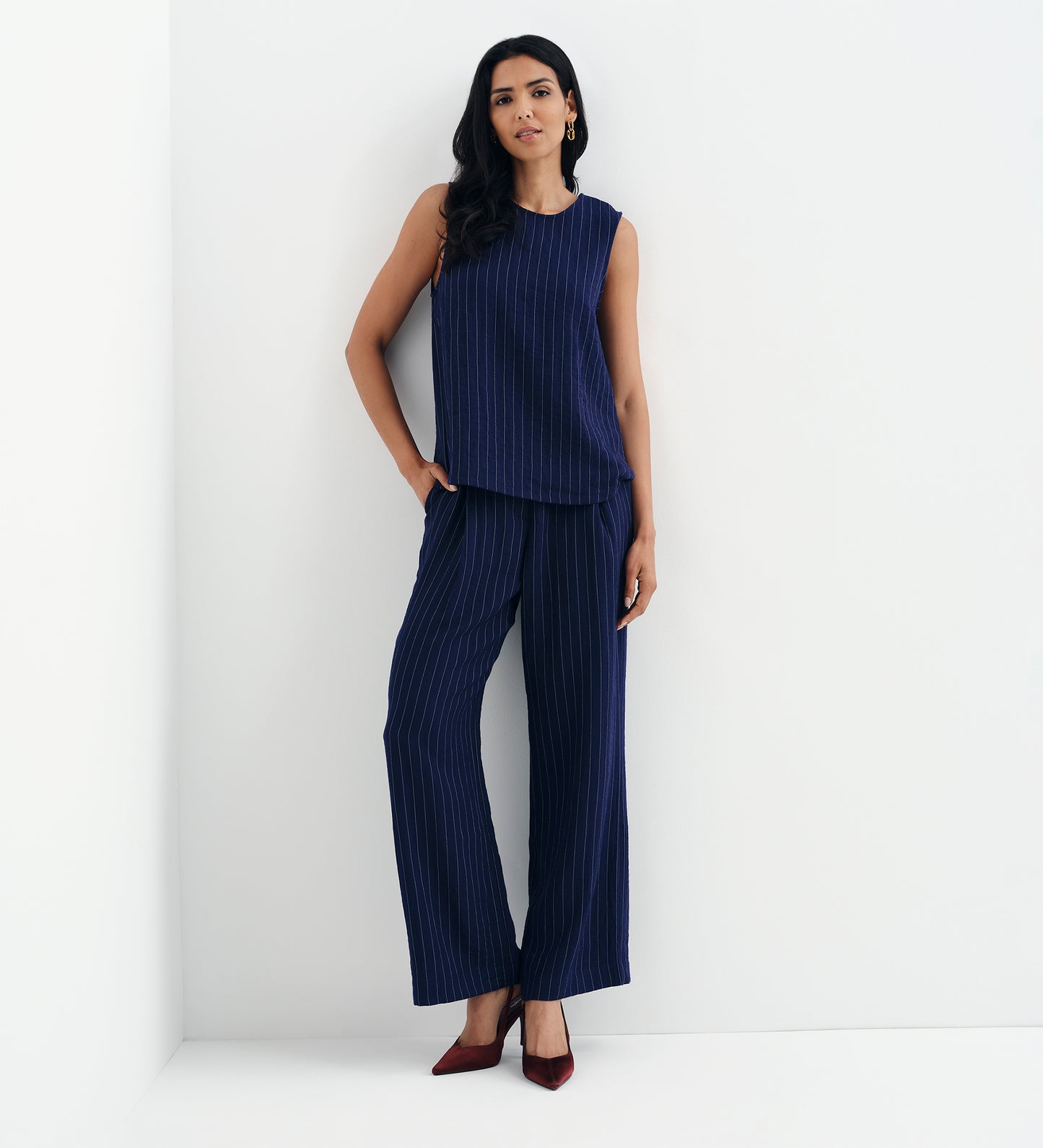 Mara Navy Stripe High Waisted Wide Leg Trousers