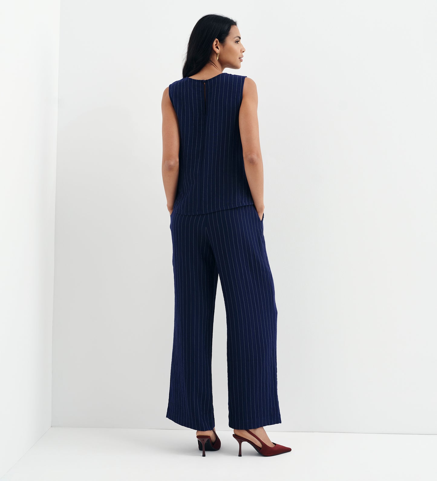 Mara Navy Stripe High Waisted Wide Leg Trousers