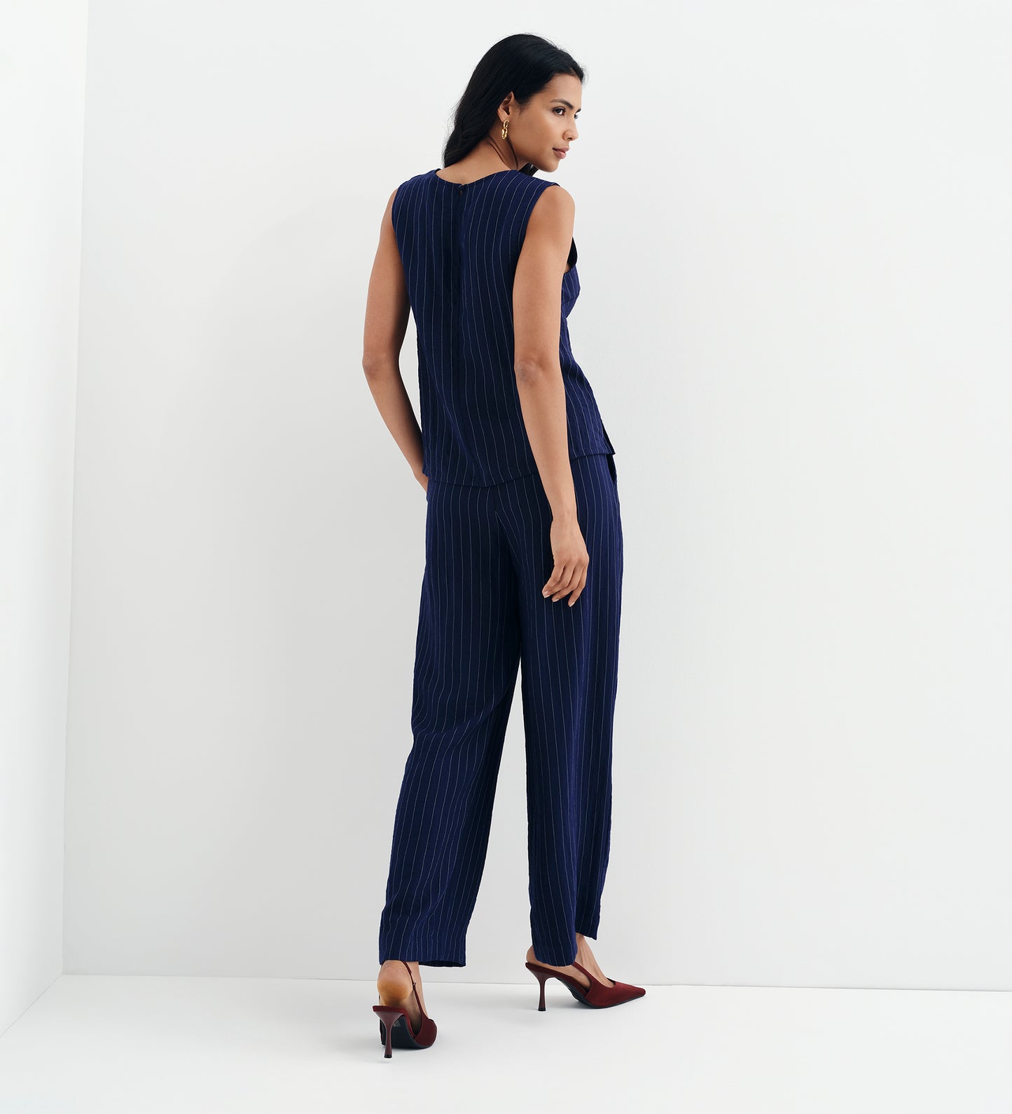 Mara Navy Stripe High Waisted Wide Leg Trousers