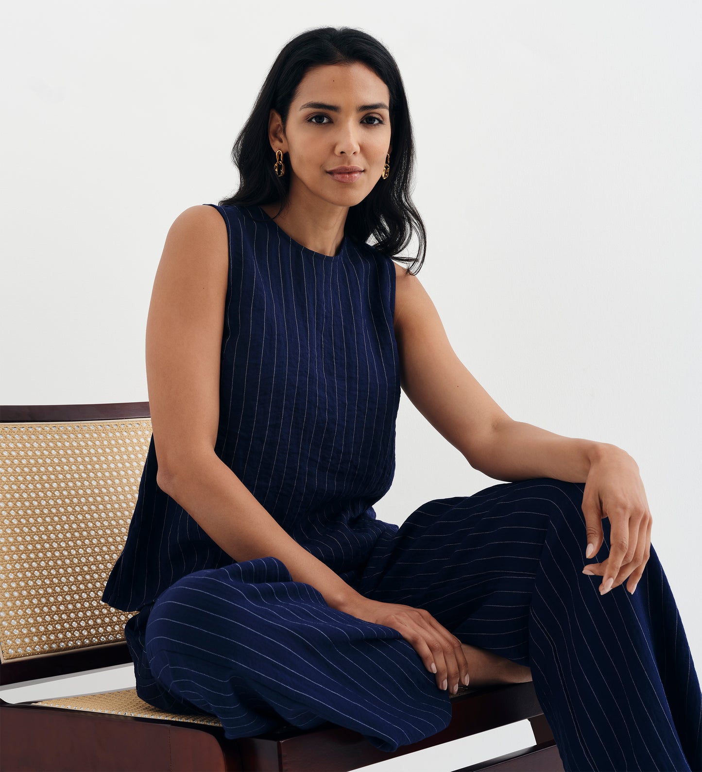 Mara Navy Stripe High Waisted Wide Leg Trousers