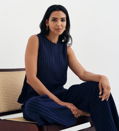 Mara Navy Stripe High Waisted Wide Leg Trousers
