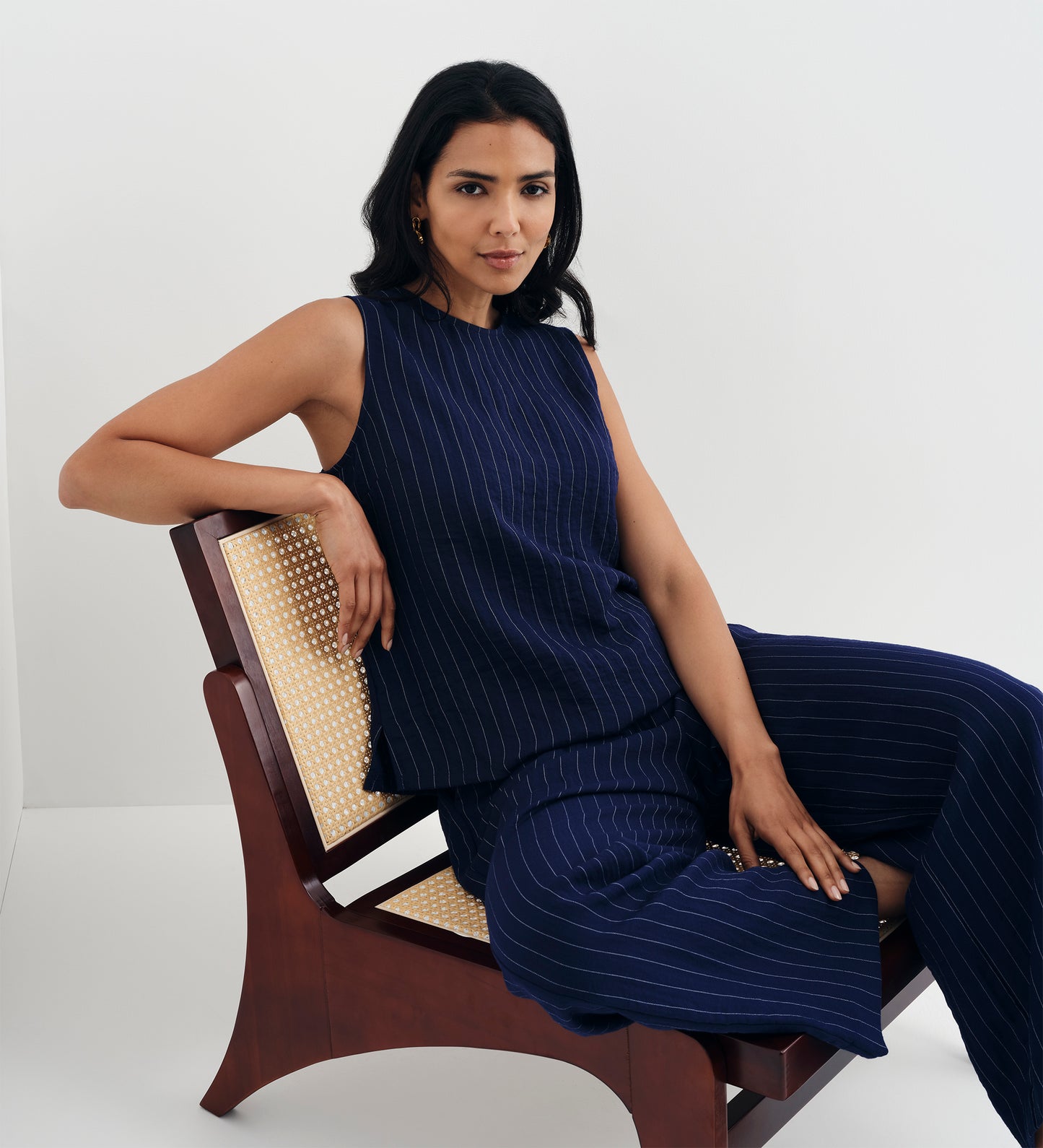 Mara Navy Stripe High Waisted Wide Leg Trousers
