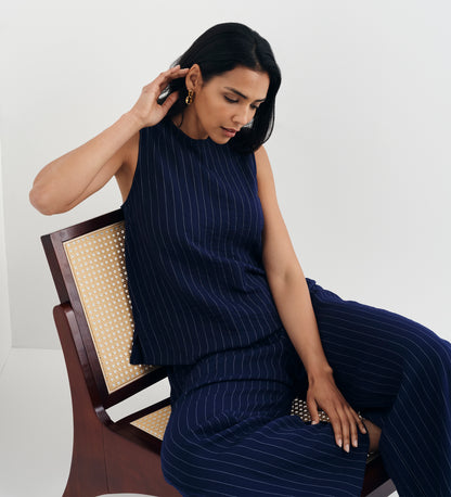Mara Navy Stripe High Waisted Wide Leg Trousers