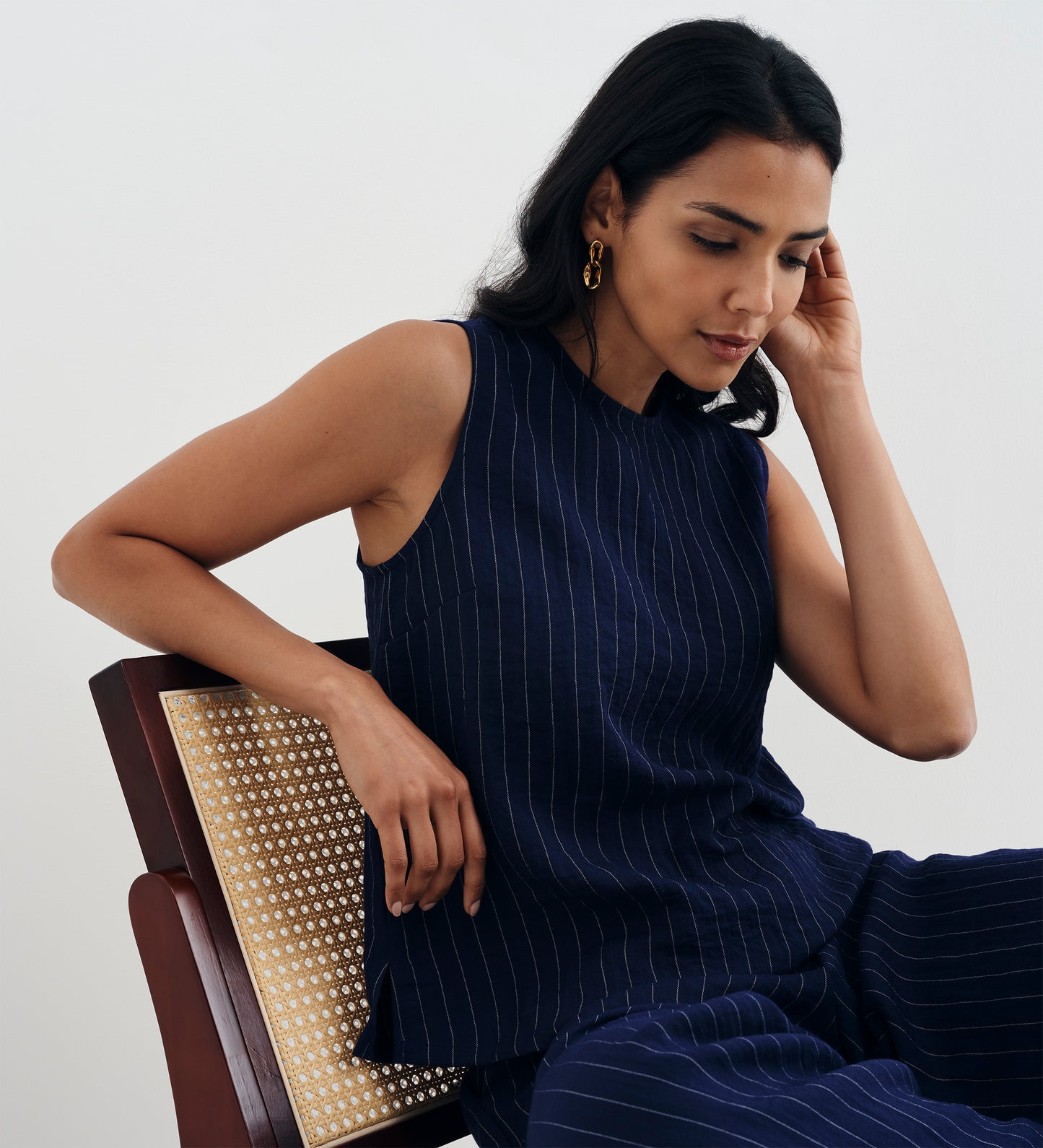Mara Navy Stripe High Waisted Wide Leg Trousers