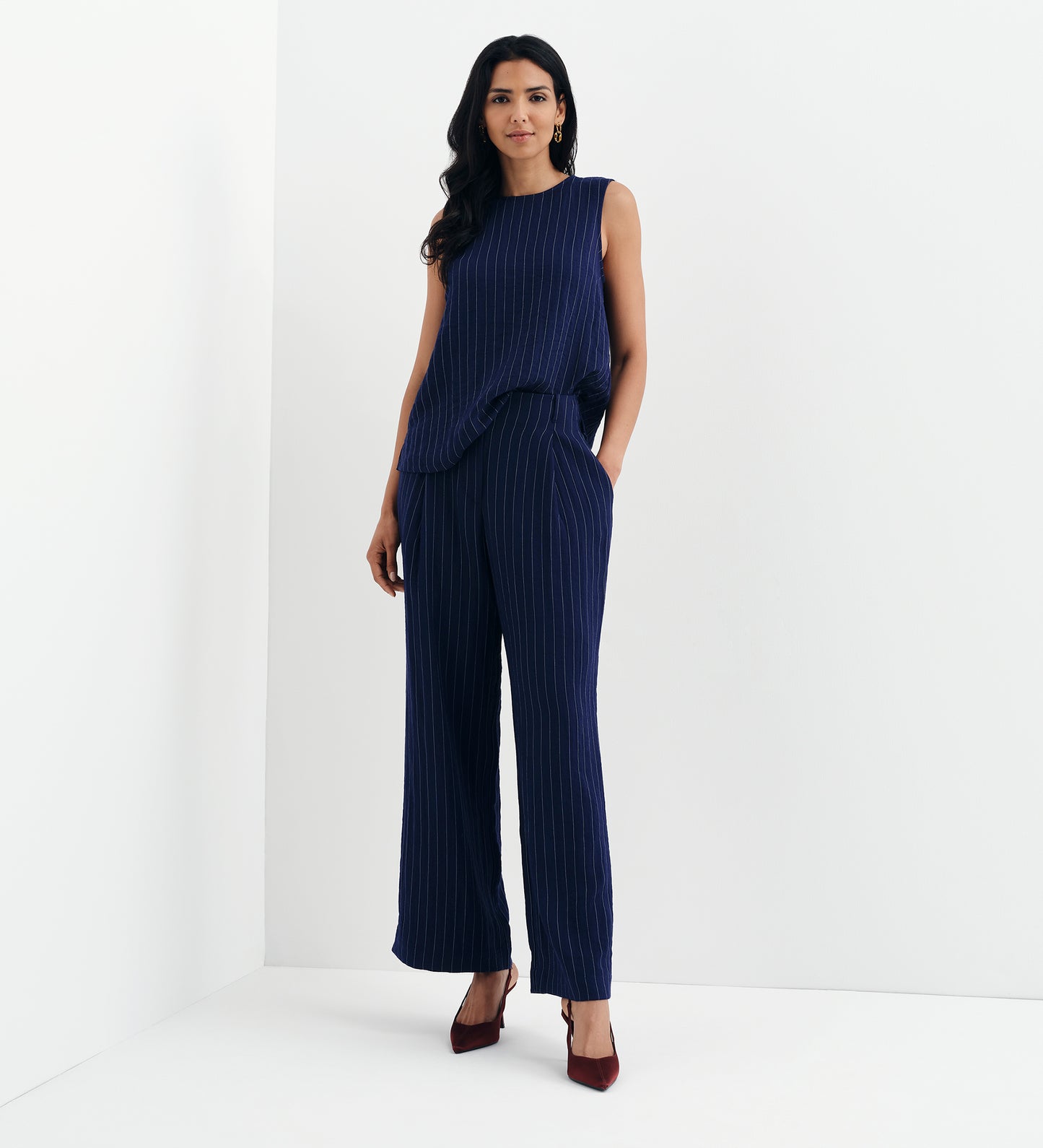 Mara Navy Stripe High Waisted Wide Leg Trousers