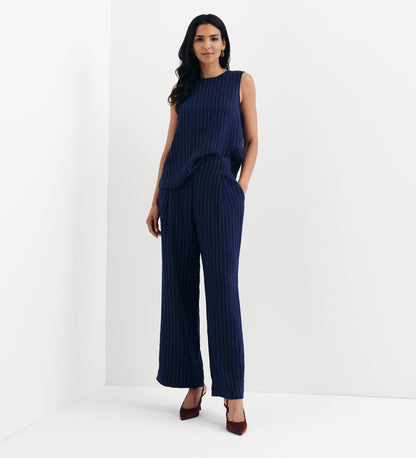 Mara Navy Stripe High Waisted Wide Leg Trousers