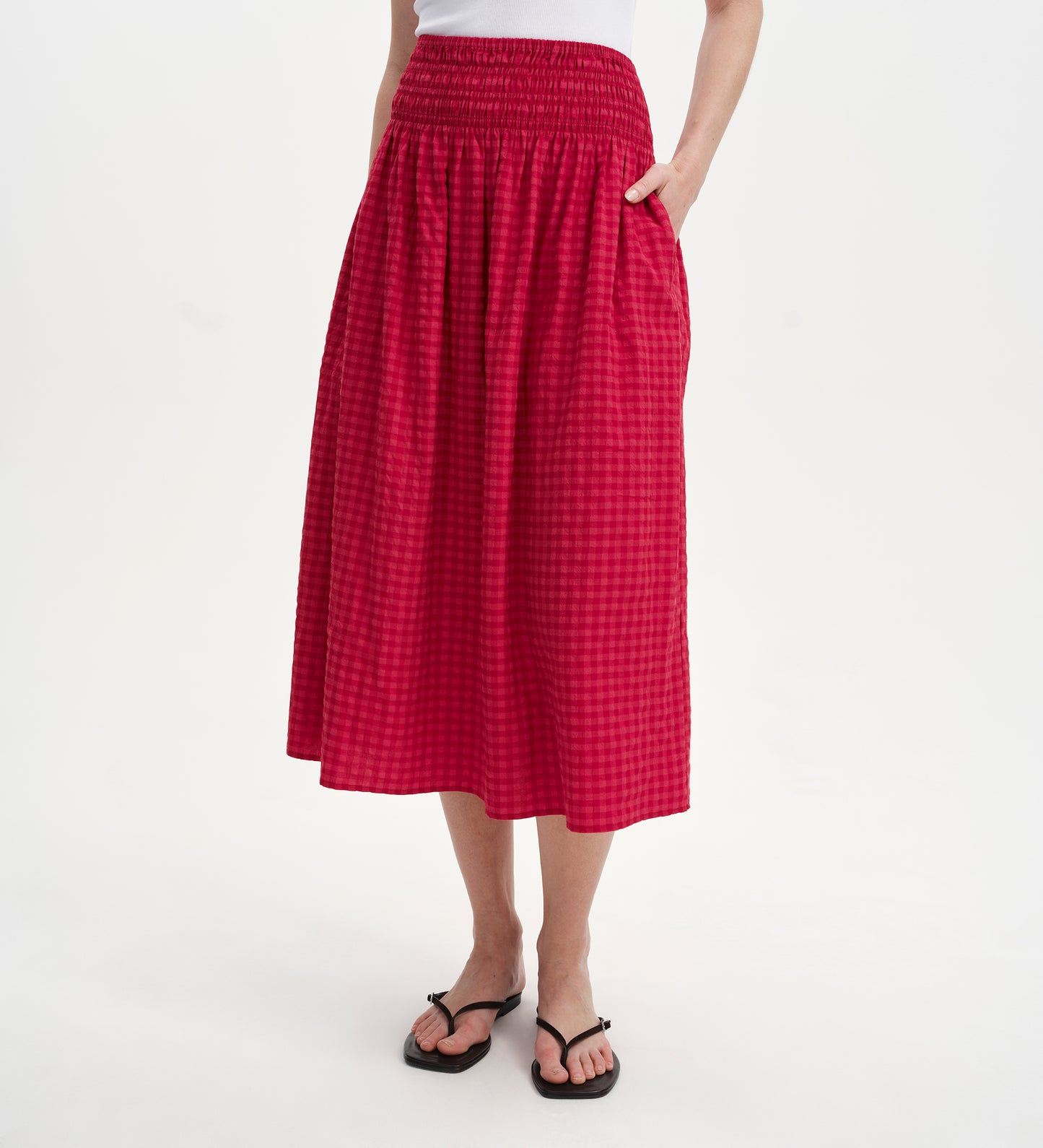 Vanessa Pink Gingham Seersucker Shirred Waist Midi Skirt