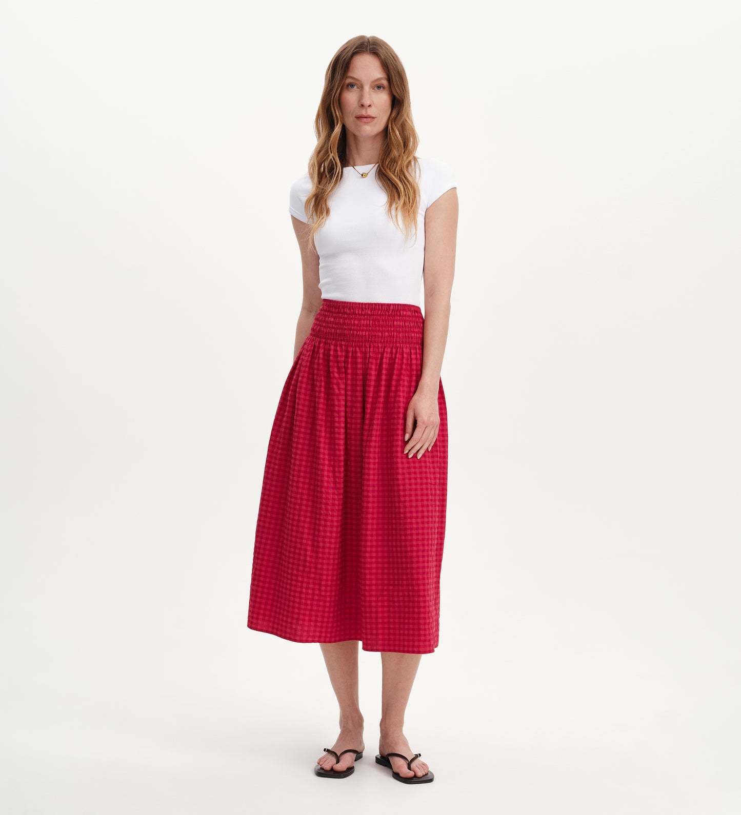 Vanessa Pink Gingham Seersucker Shirred Waist Midi Skirt