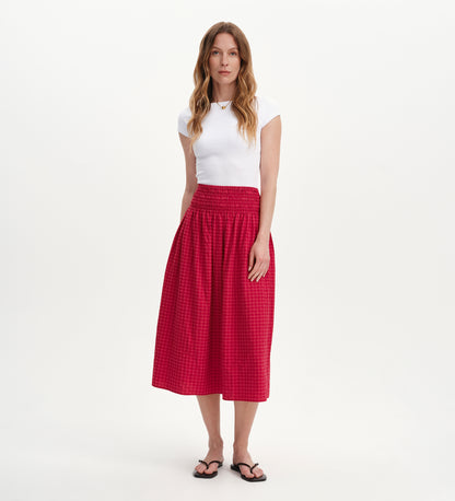 Vanessa Pink Gingham Seersucker Shirred Waist Midi Skirt