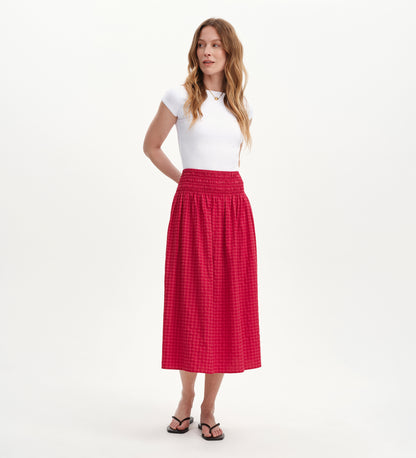 Vanessa Pink Gingham Seersucker Shirred Waist Midi Skirt