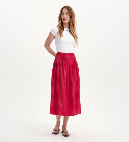 Vanessa Pink Gingham Seersucker Shirred Waist Midi Skirt