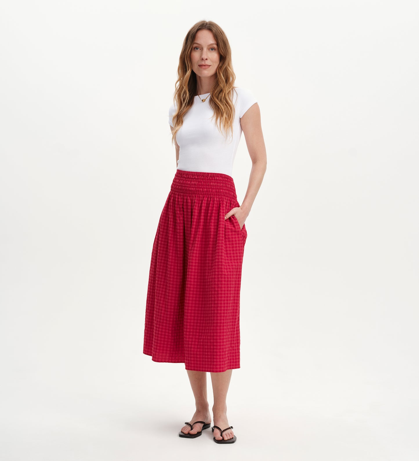 Vanessa Pink Gingham Seersucker Shirred Waist Midi Skirt