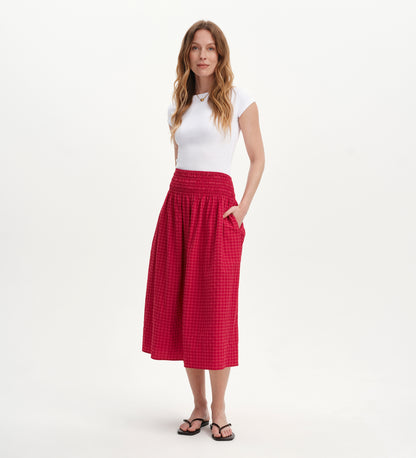 Vanessa Pink Gingham Seersucker Shirred Waist Midi Skirt