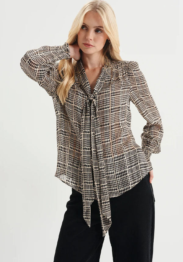 Mavis Houndstooth Pussy Bow Chiffon Blouse