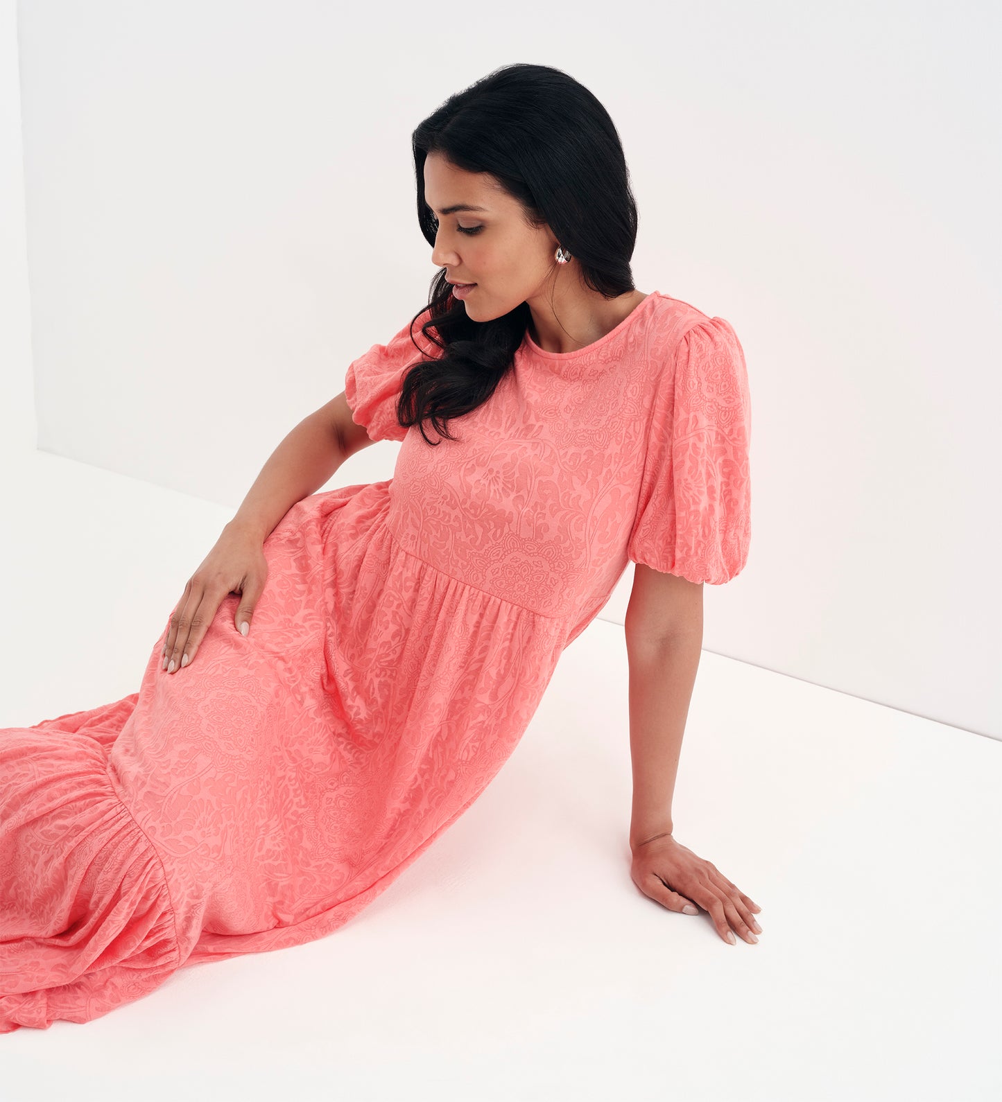 Yasmine Coral Jersey Midi Dress